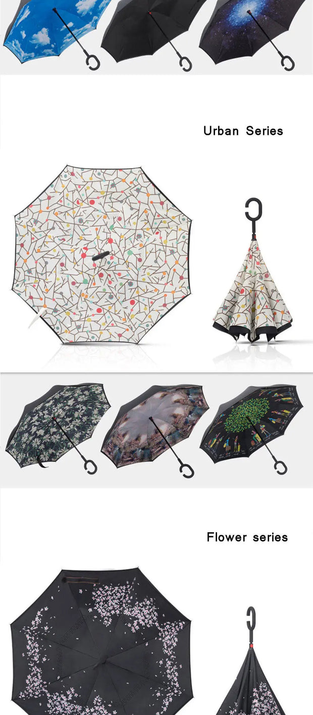 Double Layer Reverse Folding Umbrella - Fashion, Flower, Colourful Patterns, Self-Standing with C-Hook Handle Wicked Tender