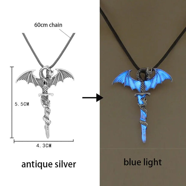 Glow In The Dark Dragon Necklace Draconic Blade Glow In The Dark Dragon Necklace - Glowing Sword Necklace For Men and Women Wicked Tender