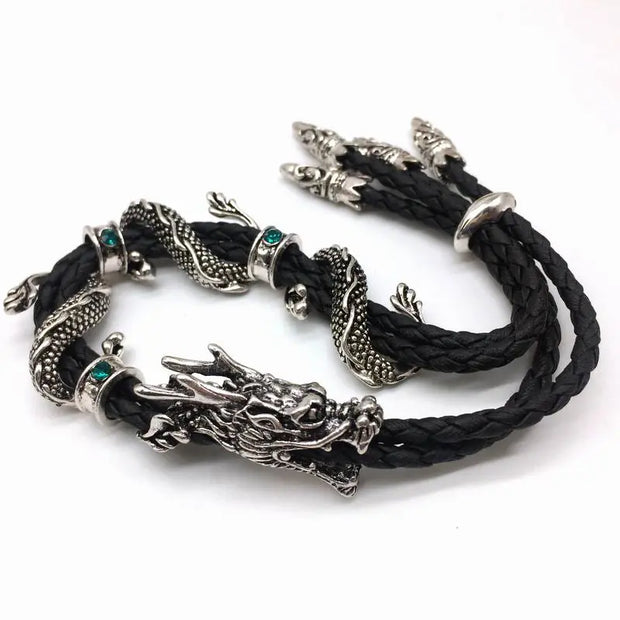 Draconic Boa - Black Rope Bracelet, Mens Coiling Chinese Dragon Bracelet with Dragon Head, Pull String Bracelet, Braided Leather Bracelet for Men Wicked Tender
