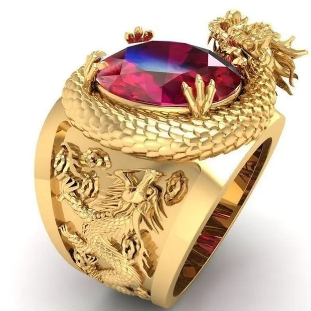 Gold Dragon Ring Draconic Lagoon Dragon Ring - Large Gold Dragon Ring With Red Crystal Wicked Tender