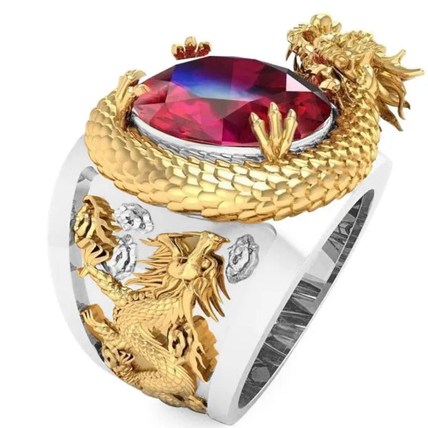 Gold Dragon Ring Draconic Lagoon Dragon Ring - Large Gold Dragon Ring With Red Crystal Wicked Tender