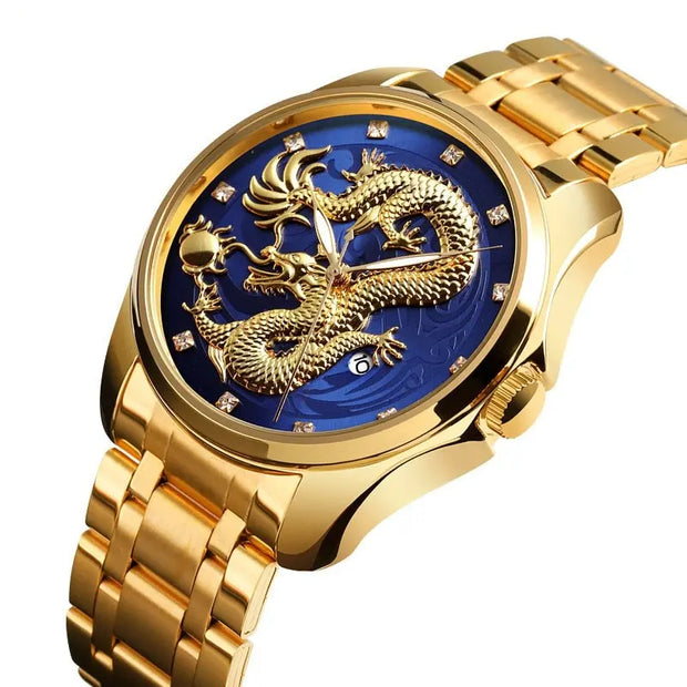 Draconic Pride - Silver and Gold Watch Men Green Dial Watches Dragon Art Anime Metal Dragon Art Black and Gold Watch Mens Blue and Gold Mens Watches Waterproof Watch For Men Wicked Tender