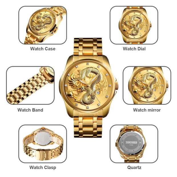 Draconic Pride - Silver and Gold Watch Men Green Dial Watches Dragon Art Anime Metal Dragon Art Black and Gold Watch Mens Blue and Gold Mens Watches Waterproof Watch For Men Wicked Tender