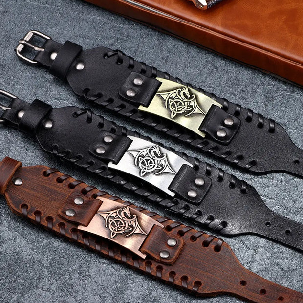 Viking Cuff Bracelet Dragon Bracer Leather Dragon Bracelet - Viking Cuff Bracelet With Dragon Rune Wicked Tender