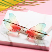 Dragonfly - Womens Unique Medium Frame Wing-Shaped Rimless Sunglasses, Clear Gradient Lens with Veins Wicked Tender