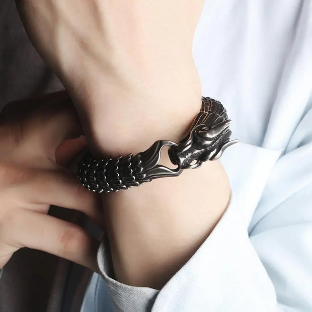 Dragon's Origin - Black Dragon Scale Bracelet, Handmade Bracelet with Dragon Head, Stainless Steel Bracelets for Men, Chinese Dragon Bracelet Wicked Tender