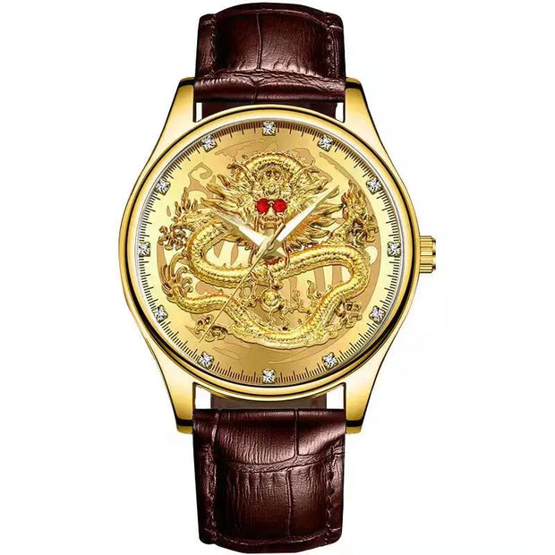 Dragon's Treasure - Gold Face Leather Band Watch, Chinese Dragon Art, Men Green Dial Watches, Vintage Gold Watch, Dragon Ball Watch Wicked Tender