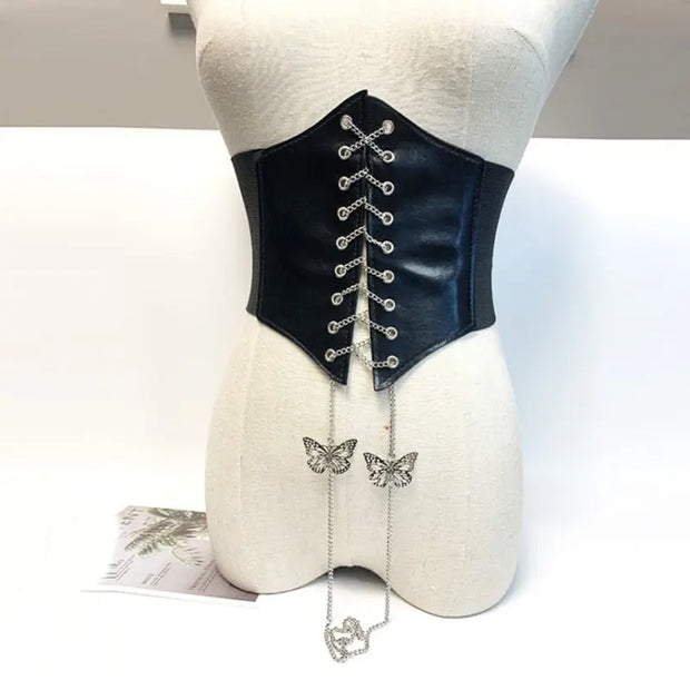 Elastic Corset with Butterfly Chain Lace Pendant - Black or White Adjustable Wide PU Leather Shaping Waist Band Wicked Tender