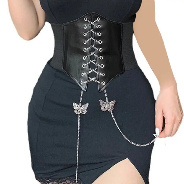 Elastic Corset with Butterfly Chain Lace Pendant - Black or White Adjustable Wide PU Leather Shaping Waist Band Wicked Tender