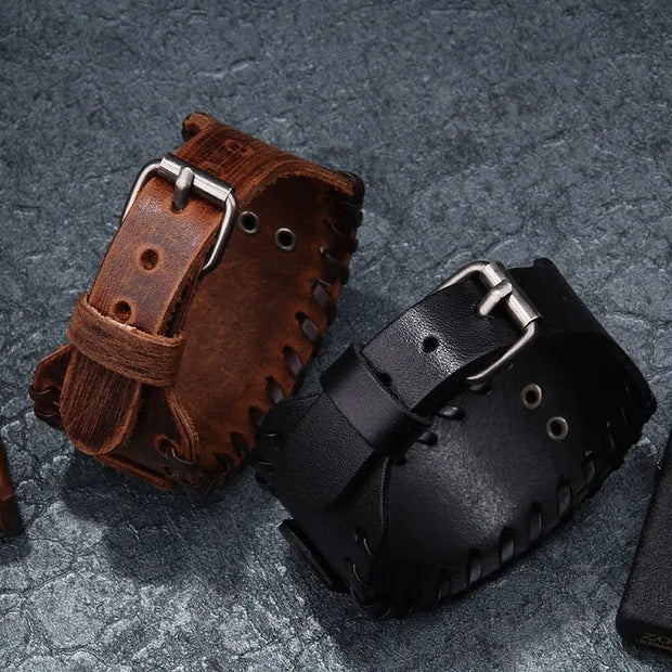 Viking Cuff Bracelet Fenrir’s Bracer Leather Wolf Bracelet - Large Viking Cuff Bracelet With Wolf Symbol Wicked Tender