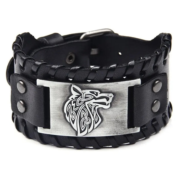 Viking Cuff Bracelet Fenrir’s Bracer Leather Wolf Bracelet - Large Viking Cuff Bracelet With Wolf Symbol Wicked Tender