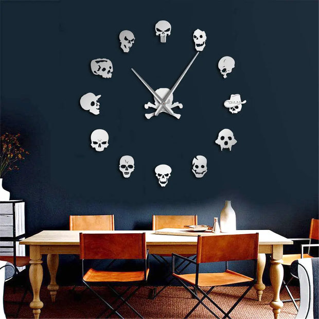 Giant Frameless DIY Skull Clock Set - 13 Piece Horror Wall Art Home Decoration, Skull and Crossbones Needle Hand Wicked Tender