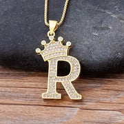 Gold Initial Necklace with Crown - Personalized Initial Letter A to Z Alphabet Pendant Necklace with Cubic Zircon Crystals Wicked Tender