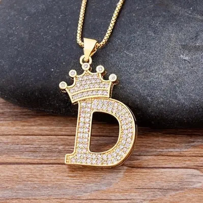 Gold Initial Necklace with Crown - Personalized Initial Letter A to Z Alphabet Pendant Necklace with Cubic Zircon Crystals Wicked Tender