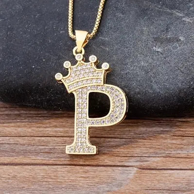 Gold Initial Necklace with Crown - Personalized Initial Letter A to Z Alphabet Pendant Necklace with Cubic Zircon Crystals Wicked Tender