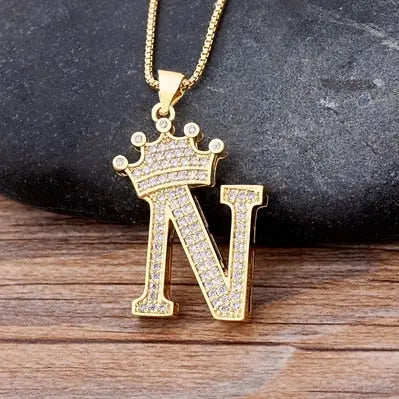 Gold Initial Necklace with Crown - Personalized Initial Letter A to Z Alphabet Pendant Necklace with Cubic Zircon Crystals Wicked Tender