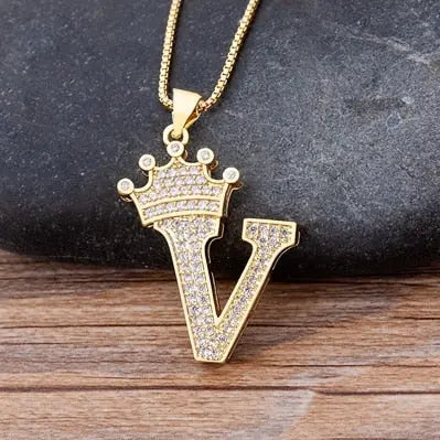 Gold Initial Necklace with Crown - Personalized Initial Letter A to Z Alphabet Pendant Necklace with Cubic Zircon Crystals Wicked Tender