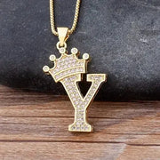 Gold Initial Necklace with Crown - Personalized Initial Letter A to Z Alphabet Pendant Necklace with Cubic Zircon Crystals Wicked Tender