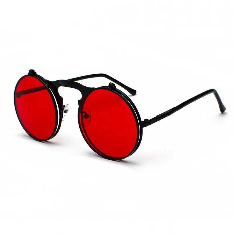 Gold Round Flip Up Sunglasses Small Round Mirror Lens Mens Vintage Black Red