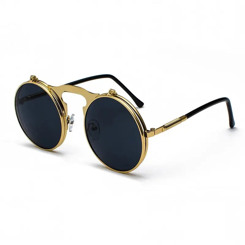 Gold Round Flip Up Sunglasses Small Round Mirror Lens Mens Vintage Wicked Tender