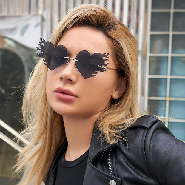 Tinted Lens Rimless Sunglasses Heart On Fire - Heart Flame Sunglasses, Heart Shaped Sunglasses, Fire Shaped Sunglasses, Tinted Lens Rimless Sunglasses, Womens Cat Eye Sunglasses Wicked Tender