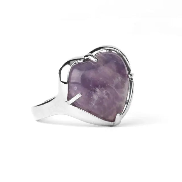 Heart Shaped Gemstone Crystal Ring - Handmade Adjustable Silver Tone Ring With Natural Stone Wicked Tender