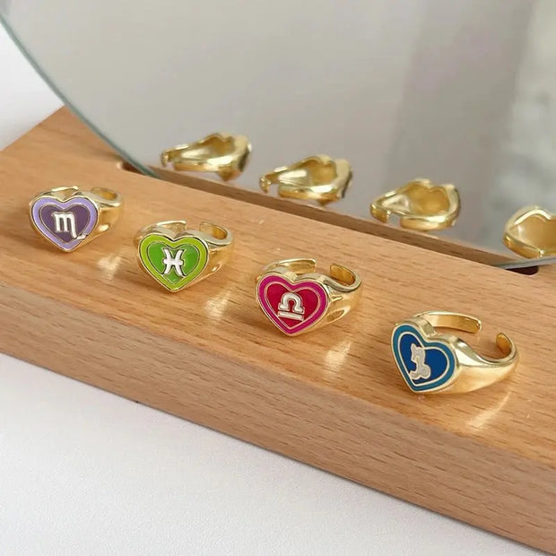 Horoscope Heart Rings - Colourful Open Adjustable Astrology Sign Constellation Ring Wicked Tender