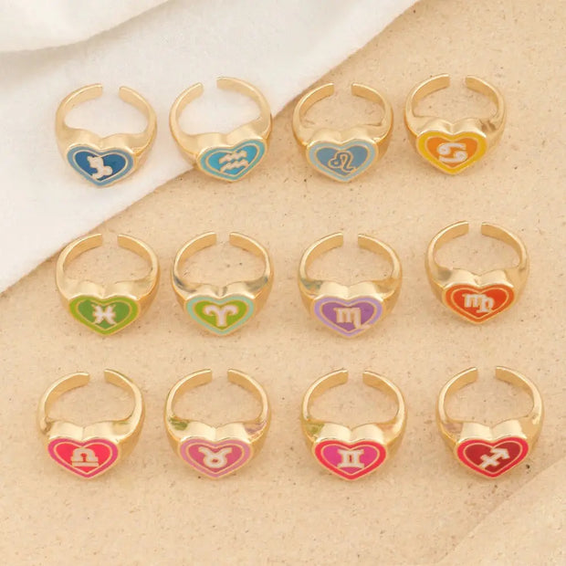 Horoscope Heart Rings - Colourful Open Adjustable Astrology Sign Constellation Ring Wicked Tender