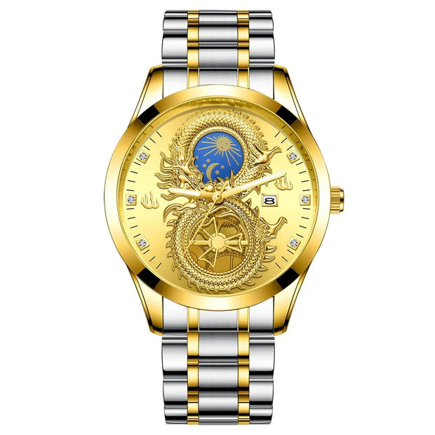 Infinity Dragon - Gold Dragon Watch, Men Green Dial Watches, Metal Dragon Art, Watch with Sun and Moon Dial, Gold Face Watch with Leather Band Wicked Tender