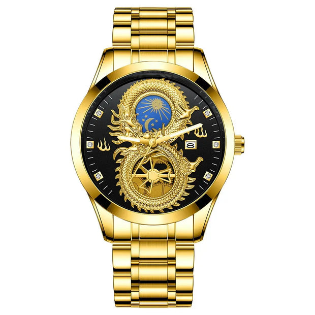 Infinity Dragon - Gold Dragon Watch, Men Green Dial Watches, Metal Dragon Art, Watch with Sun and Moon Dial, Gold Face Watch with Leather Band Wicked Tender
