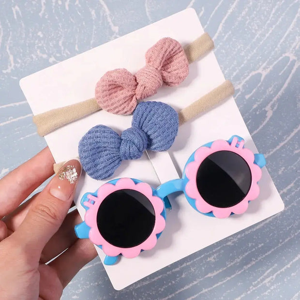 Kids Sunglasses with Bow Headbands - 2 Piece Small Round Sunglasses with Knotted Bow Headband Cute Sunglasses for Girls Flower Shaped Sunglasses Transparent Sunglasses with Cat Ears Sunglasses with Animal Ears Wicked Tender