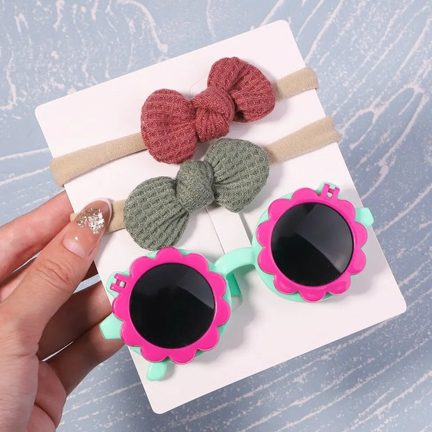 Kids Sunglasses with Bow Headbands - 2 Piece Small Round Sunglasses with Knotted Bow Headband Cute Sunglasses for Girls Flower Shaped Sunglasses Transparent Sunglasses with Cat Ears Sunglasses with Animal Ears Wicked Tender