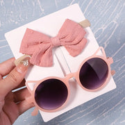 Kids Sunglasses with Bow Headbands - 2 Piece Small Round Sunglasses with Knotted Bow Headband Cute Sunglasses for Girls Flower Shaped Sunglasses Transparent Sunglasses with Cat Ears Sunglasses with Animal Ears Wicked Tender