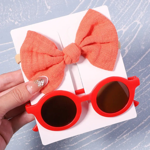 Kids Sunglasses with Bow Headbands - 2 Piece Small Round Sunglasses with Knotted Bow Headband Cute Sunglasses for Girls Flower Shaped Sunglasses Transparent Sunglasses with Cat Ears Sunglasses with Animal Ears Wicked Tender