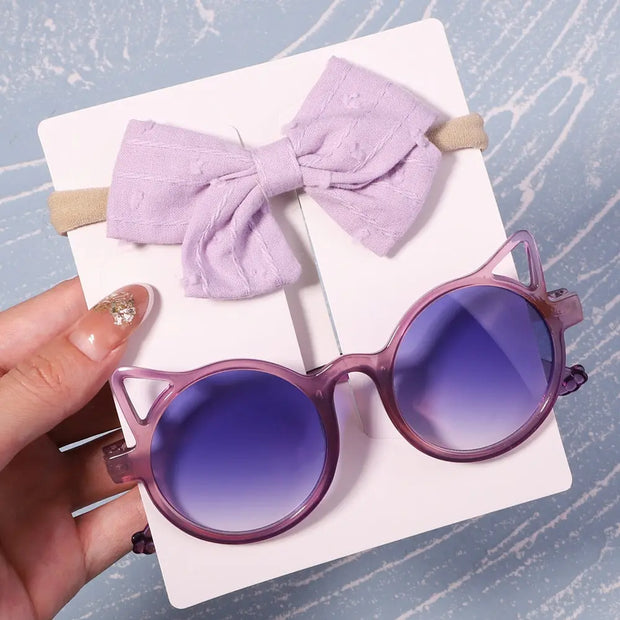 Kids Sunglasses with Bow Headbands - 2 Piece Small Round Sunglasses with Knotted Bow Headband Cute Sunglasses for Girls Flower Shaped Sunglasses Transparent Sunglasses with Cat Ears Sunglasses with Animal Ears Wicked Tender