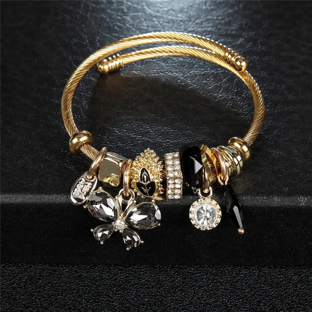 Kimani - Crystal Butterfly Charm Bracelet, Open Adjustable Stainless Steel Cuff Bangle Wicked Tender