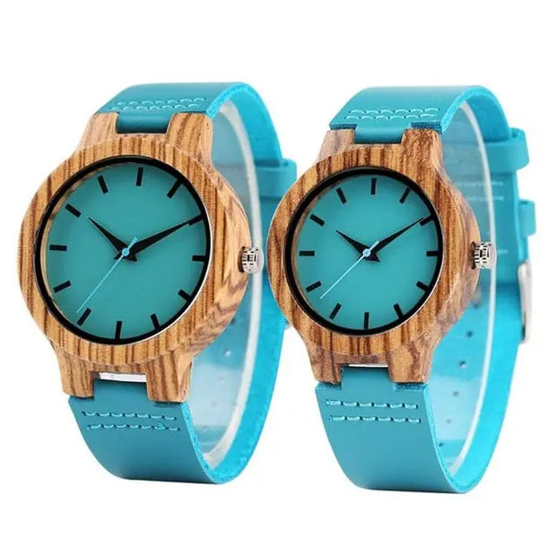 Large Casual Round Turquoise Zebra Wood Quartz Watch - Wooden Bezel Watch With Minimal Turquoise Dial Face without Numbers Wicked Tender