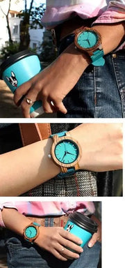 Large Casual Round Turquoise Zebra Wood Quartz Watch - Wooden Bezel Watch With Minimal Turquoise Dial Face without Numbers Wicked Tender