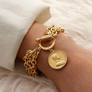Lineage Coin Pendant Bracelet - Thick, Gold Plated Chain, Gold Plated Coin with Toggle Clasp Wicked Tender