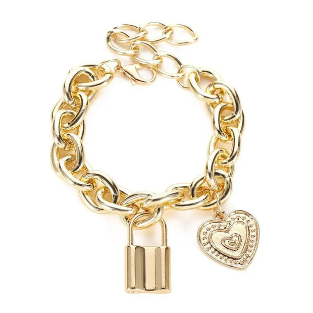 Lock Heart Coin Pendant Bracelet - Vintage, Thick, Gold or Silver Plated Chain with Hanging Gold or Silver Plated Padlock and Heart Coin Pendants Wicked Tender