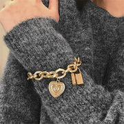 Lock Heart Coin Pendant Bracelet - Vintage, Thick, Gold or Silver Plated Chain with Hanging Gold or Silver Plated Padlock and Heart Coin Pendants Wicked Tender