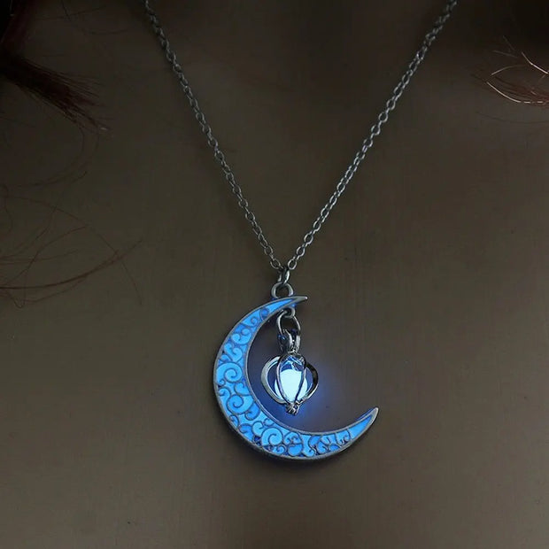 Crescent Moon Necklace Lunar Light - Glow In the Dark Silver Crescent Moon Necklace with Glowing Lamp Charm Wicked Tender