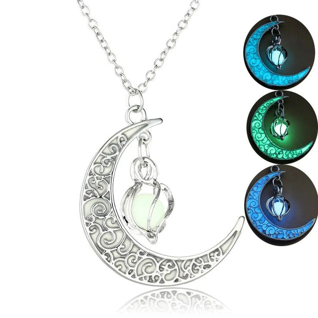 Crescent Moon Necklace Lunar Light - Glow In the Dark Silver Crescent Moon Necklace with Glowing Lamp Charm Wicked Tender