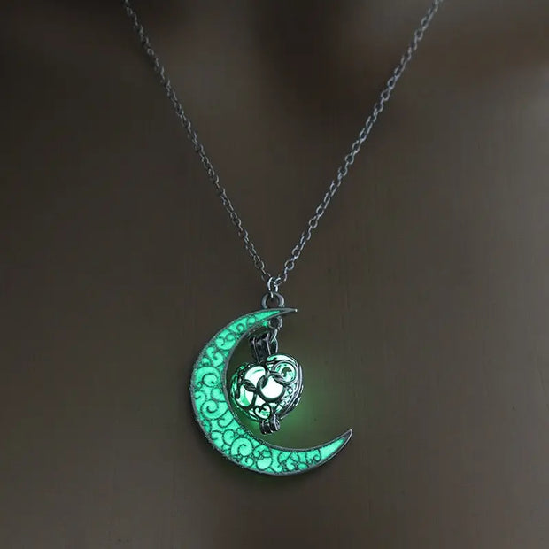 Lunar Love - Crescent Moon Pendant & Heart Cage Glow In the Dark Necklace Wicked Tender