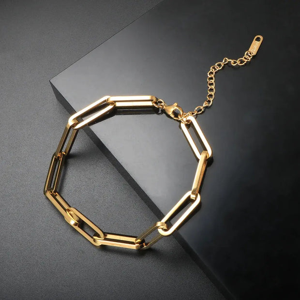 Paper Clip Shaped Chain Bracelet - Adjustable Gold Plated Minimal Stainless Steel Rectangle Chain Link Bracelet Wicked Tender
