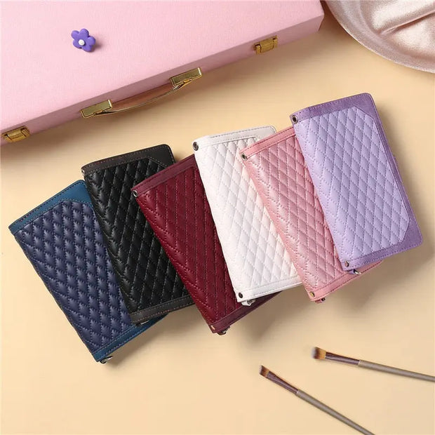 Purple, Red, Navy Blue, Soft Leather Phone Case Samsung, Chic Diamond Lattice, Cute Zipper Wallet Cardholder, Strap, A Series, S Series, Plus, FE, Ultra Wicked Tender