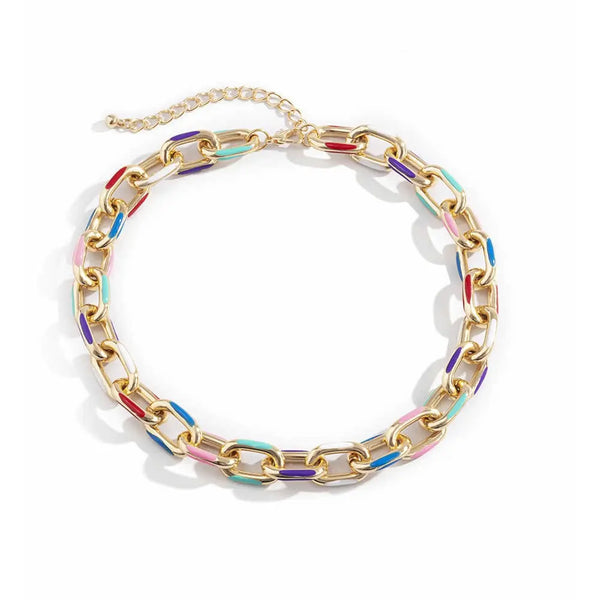 Rainbow Gold Chain Necklace - Thick Colourful Statement Jewelry Design 5 Cuban Chain Choker + Pearl Choker