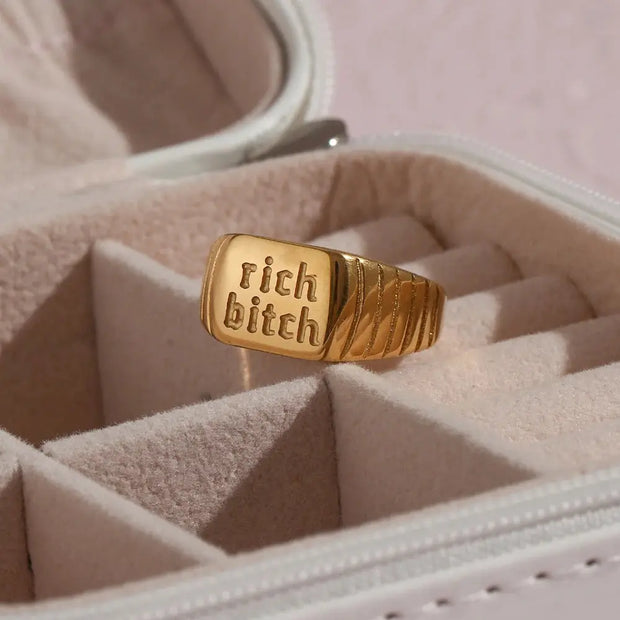 Rich Bitch Engraving Ring - Gold Plated Minimal Stacking Ring For Women Wicked Tender