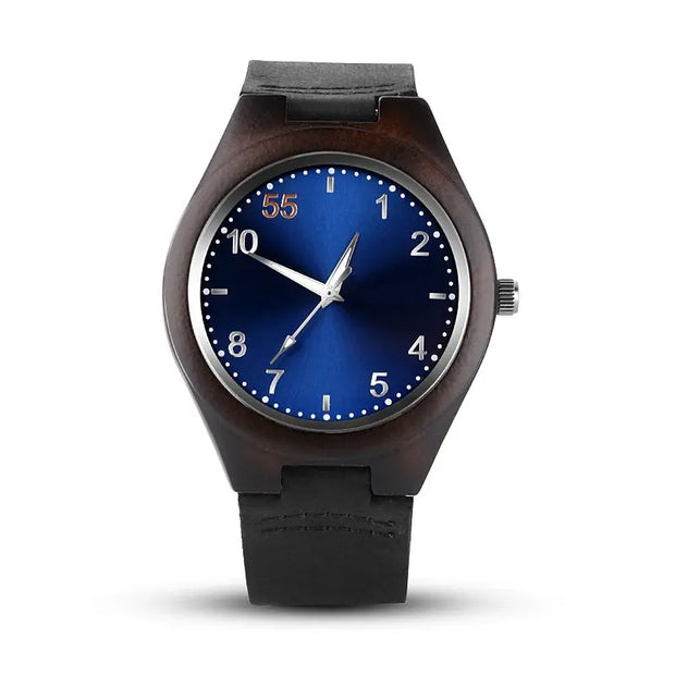 Round Bamboo Wood Quartz Watch - Dark Wooden Bezel Watch With Dark Blue or Black, Classic Numbered Dial Wicked Tender