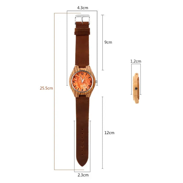 Round Bamboo Wood Quartz Watch - Stripe Patterned Wooden Bezel Watch With Misty Orange and Minimal Numbered Dial Wicked Tender